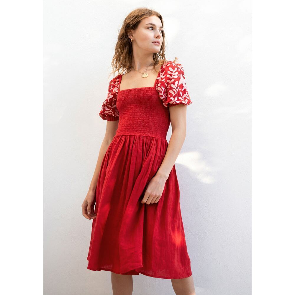 MerSea Voyageur 100% Linen Dress XL Red Embroidered Puff Sleeve Mini Beachy